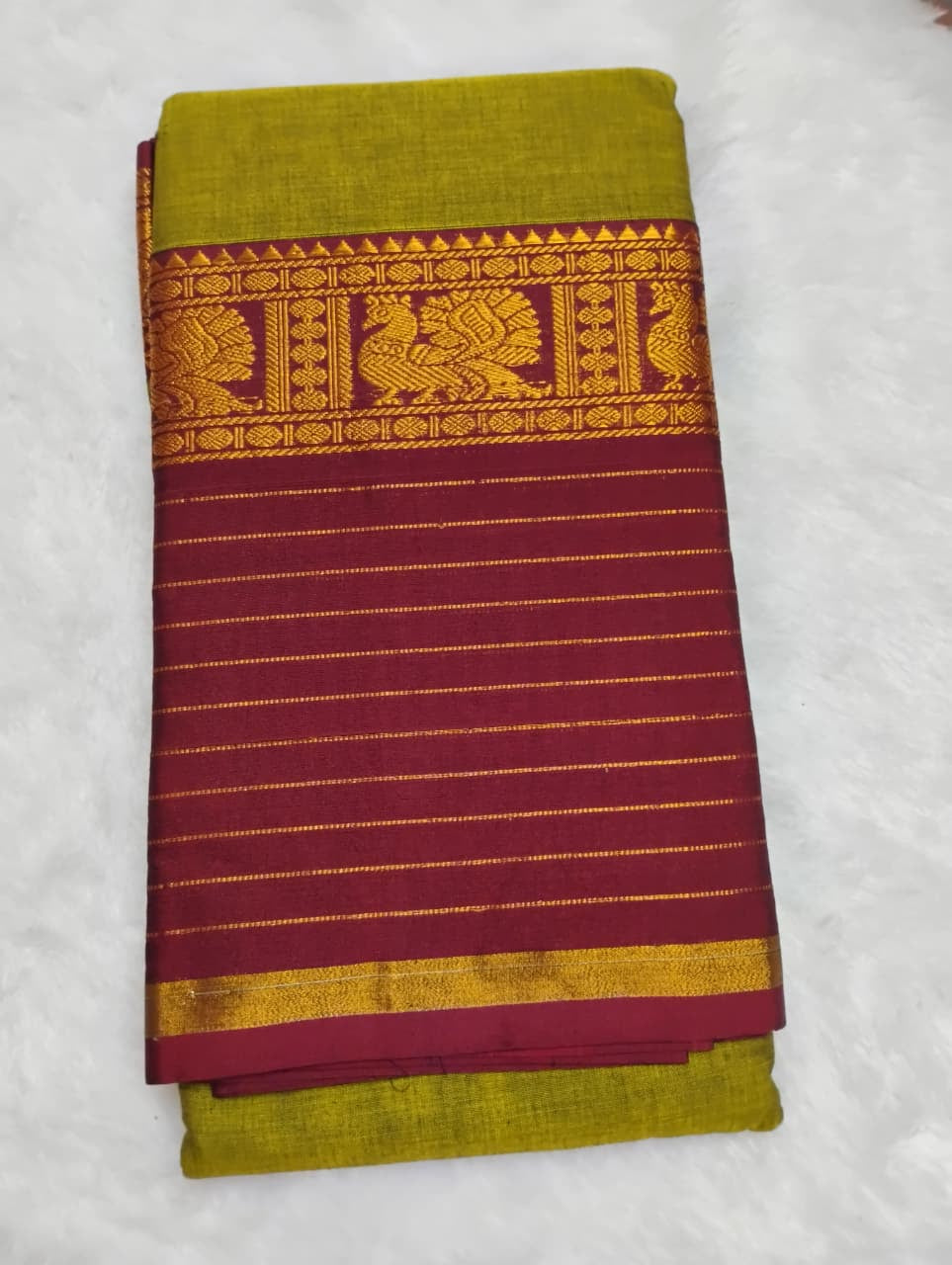 Mehendi Green Cotton Saree with Maroon Peacock Pallu