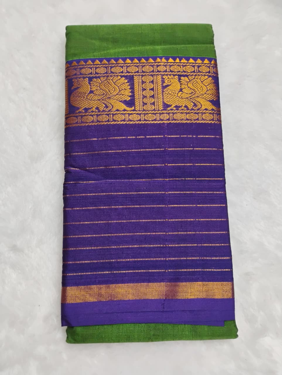 Parrot Green Cotton Saree with Royal Violet Peacock Pallu