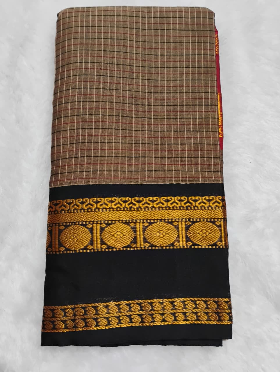 Coffee Brown Checked Cotton Saree with Black Temple Border