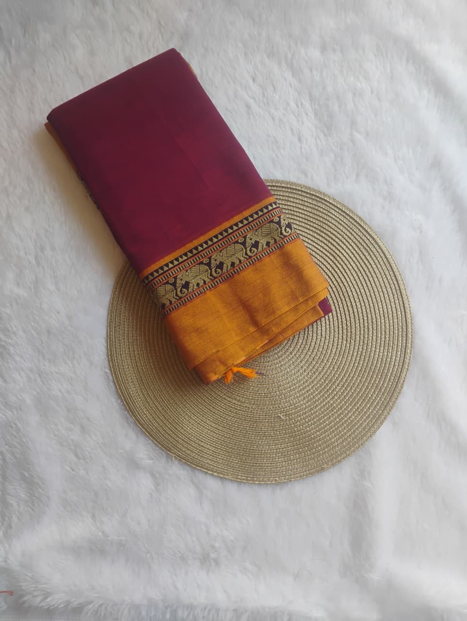 Magenta Cotton Saree with Mustard Elephant Border
